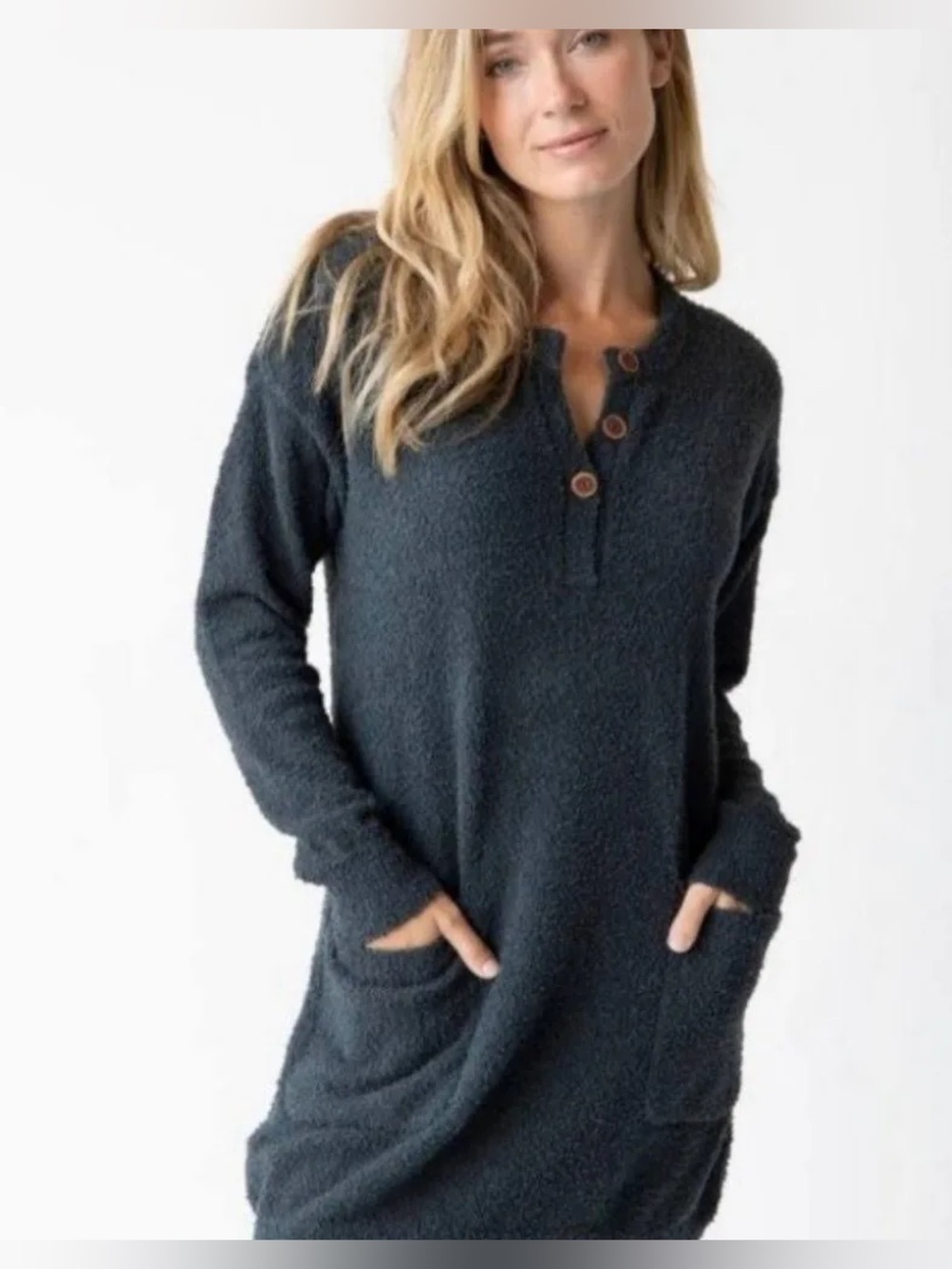 NATURAL LIFE Plush Bouclé Button Tunic dress. in cream Large